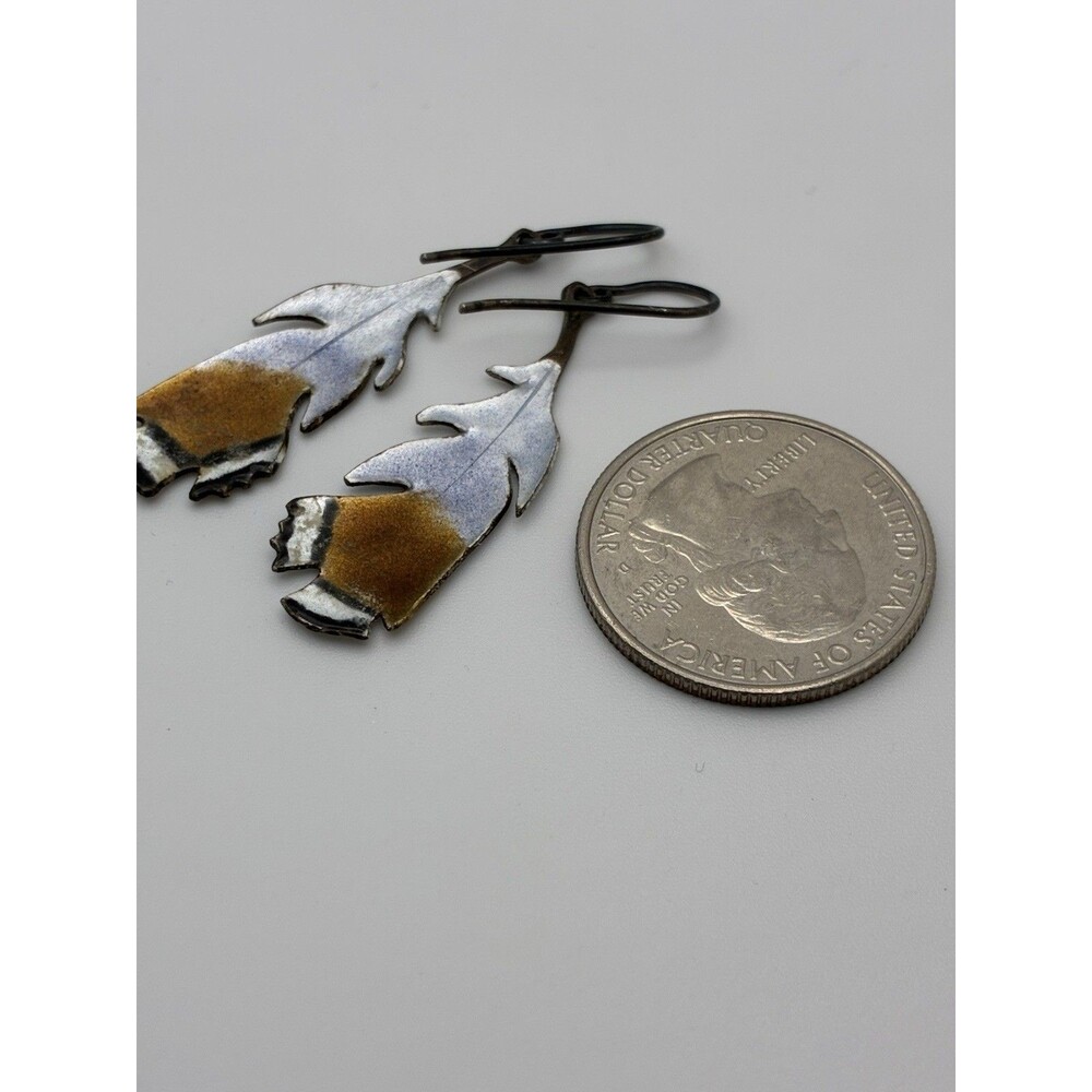 Blue Brown Feather Sterling Silver Hook Pierced Earrings Southwestern Style 1.5” - Picture 5 of 9